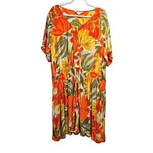 New Aura Womens Floral Orange Green Yellow 1/2 Button Elastic Waist Romper Sz XL
